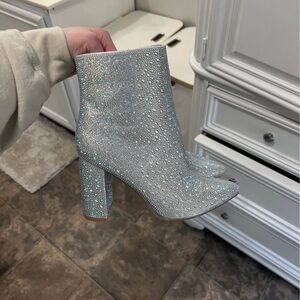 Silver Glitter Heeled Boots with Block Heel